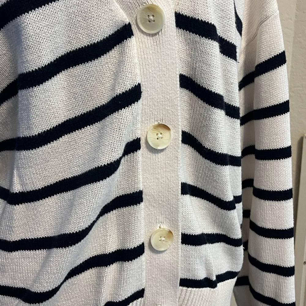 LOFT Blue and White Striped Cardigan Sweater - Picture 3 of 5